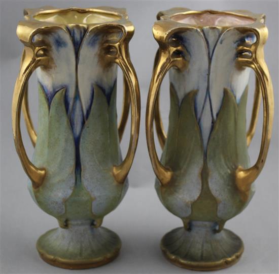 A pair of Art Nouveau period Amphora vases, possibly designed by Paul Dachsel, 24.5cm